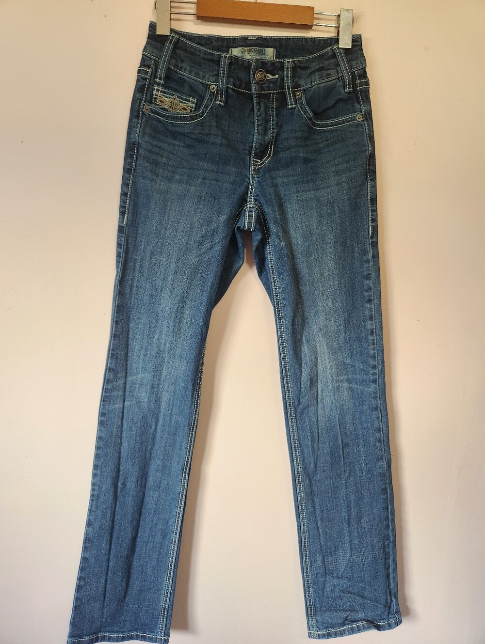 Rock & Roll Denim Mid Rise Modest Bootcut Jeans Embroidered Western Pocket W26